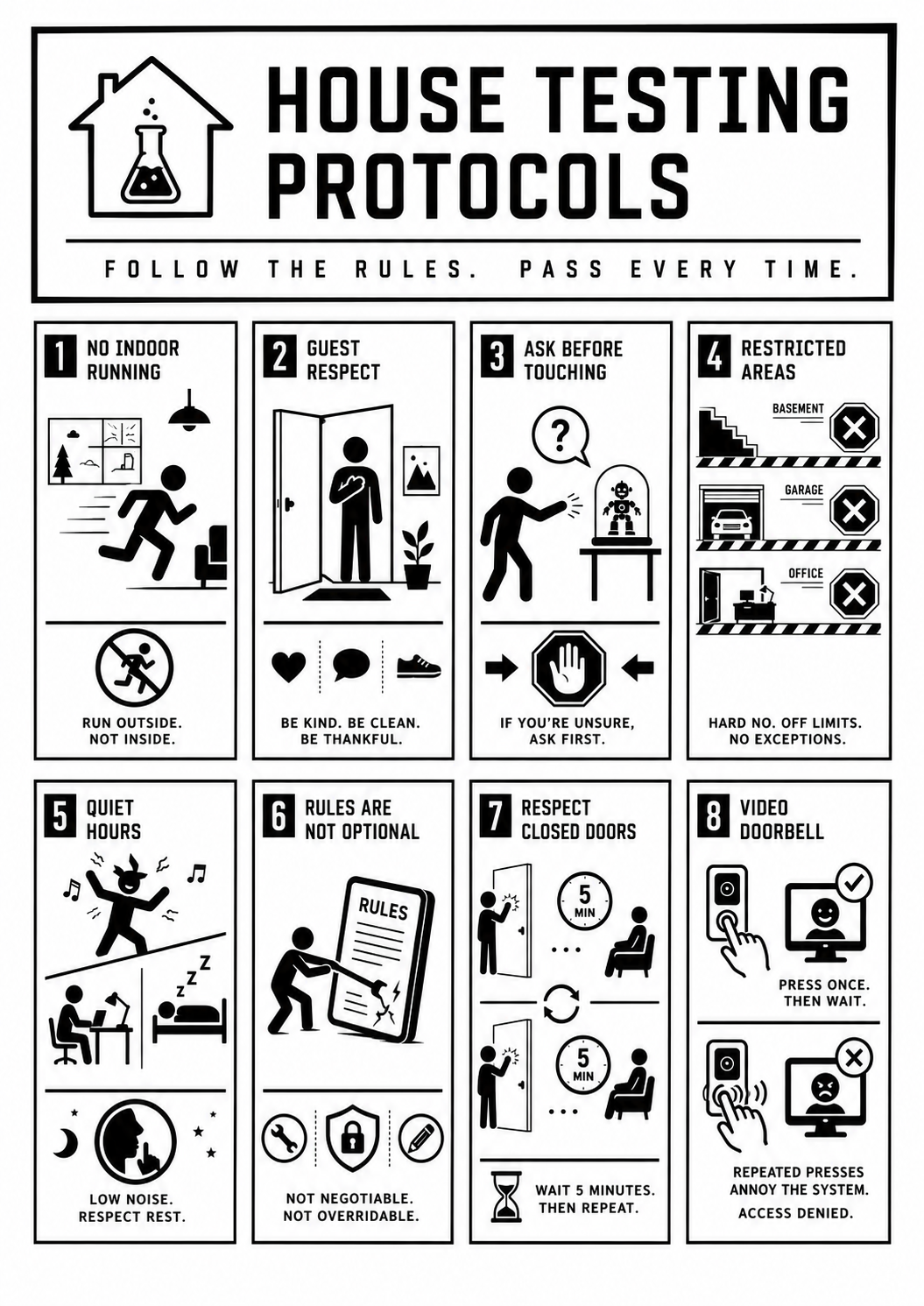 House testing protocols pictogram chart: no indoor running, guest respect, ask before touching, restricted areas, quiet hours, rules are not optional, respect closed doors, and video doorbell etiquette.